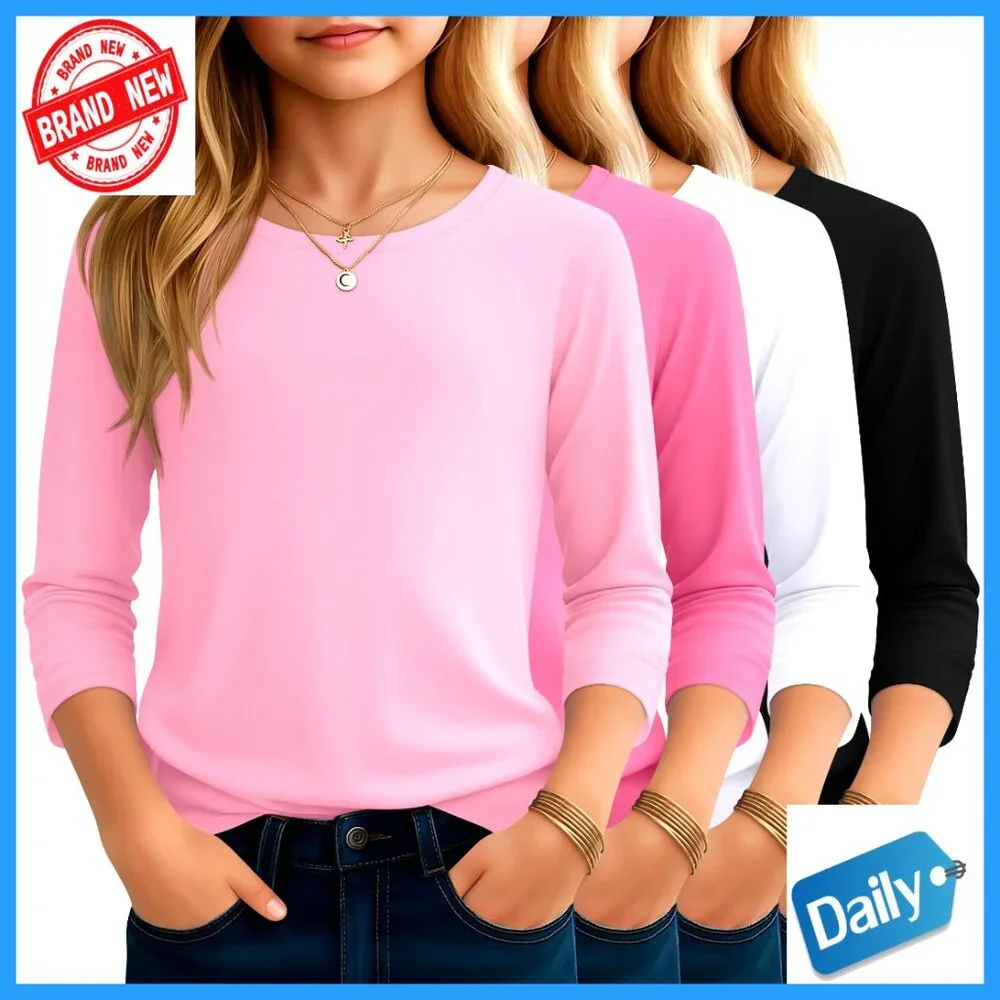4 Pack Girls 3/4 Sleeve Tees Crewneck Basic Tops 5-14Y